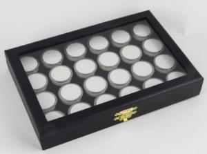 2a) Coffret pierres taillées vitré, 24 boites rondes plastique