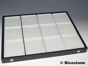 5) Coffret de gemmologie avec 12x boîtes dessus verre 9x9 cm